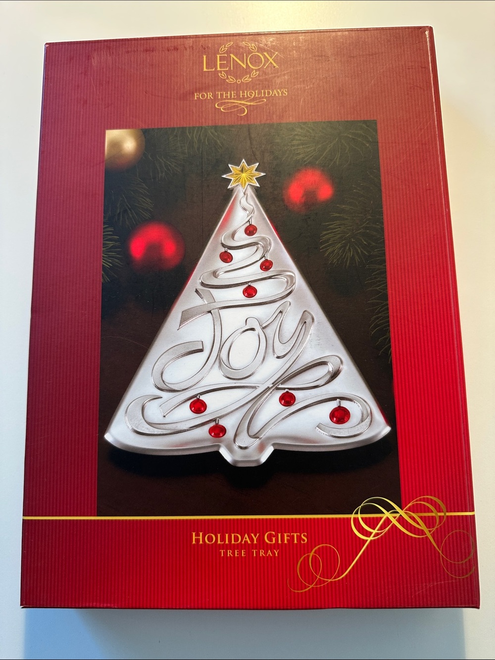 Lenox Silver Holiday Tree Tray with Red Ornaments and Gold Star Topper